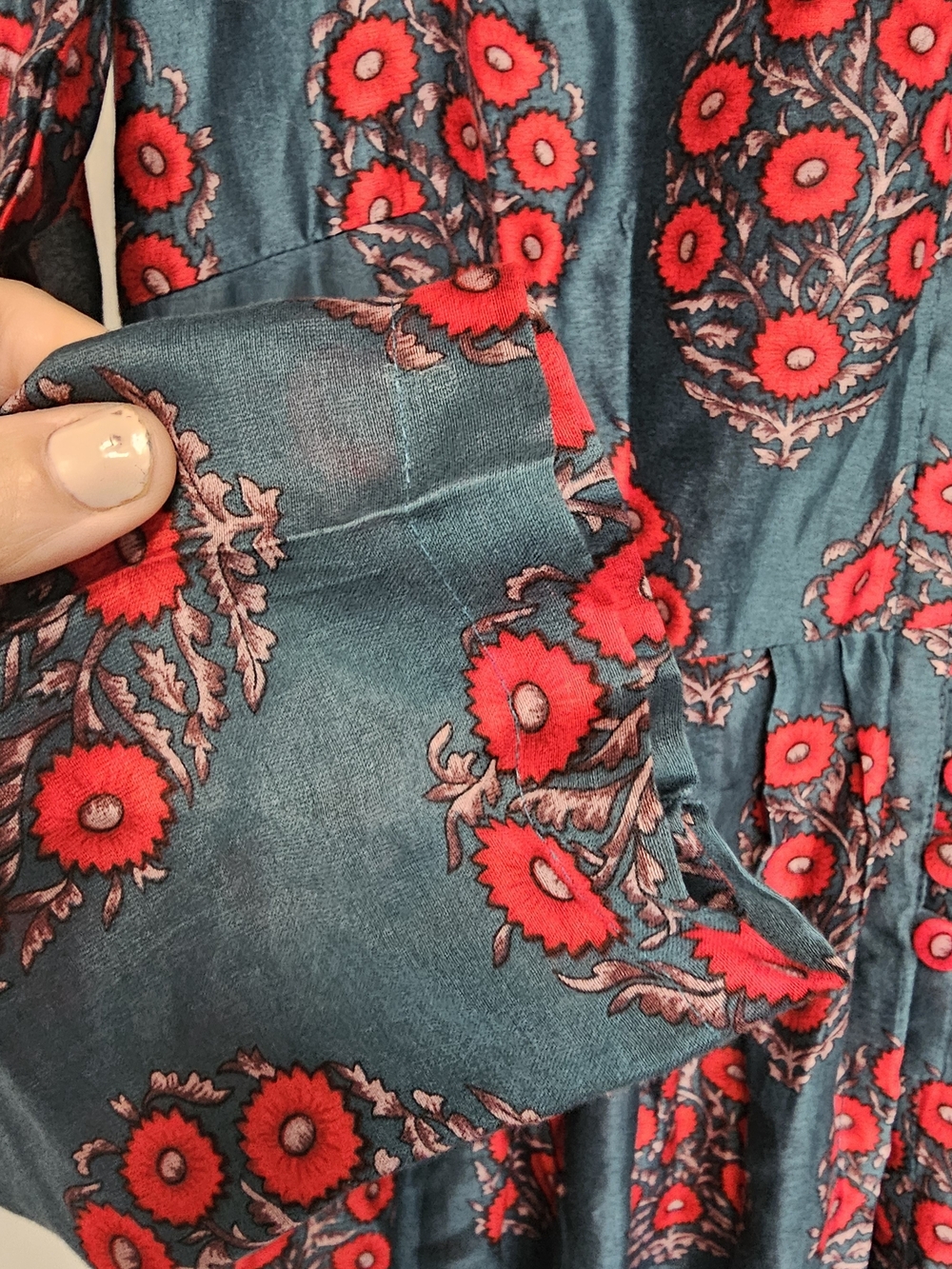 Vintage Teal Red Floral Satin Boho Maxi Dress Mandarin Collar Cottagecore - Picture 9 of 14